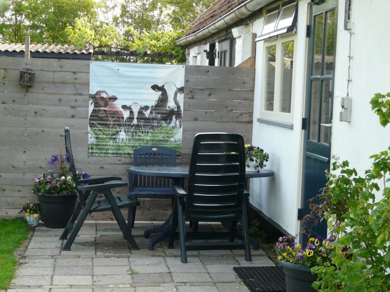 Aussenterrasse von De Viersprong in Oosterend, Texel mit Sitzgelegenheit und Blumen auf den Watteninseln.