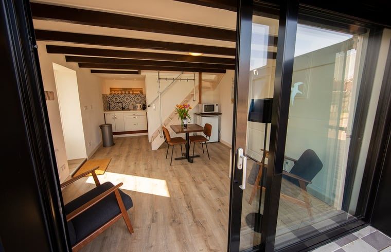 Luftaufnahme des Ferienhauses in Oosterend, Texel, mit Blick auf Meer und Wiesen.