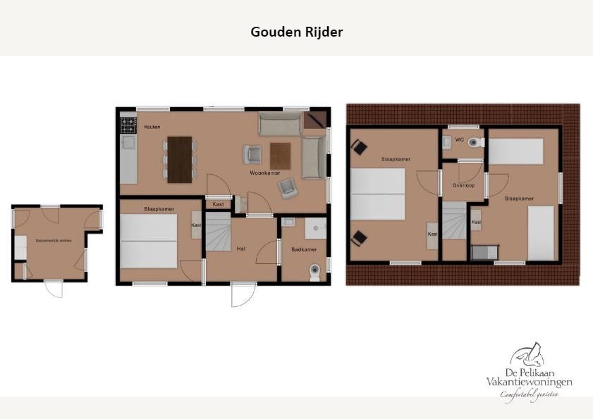 Plattegrond van Gouden Rijder vakantiehuis, Oosterend, Texel, met overzicht van alle kamers en indeling.
