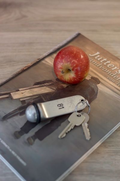 Schluessel und Apfel auf dem Tisch im Ferienhaus Typ II - Nr. 81 Bachstelze, Oosterend, Texel.