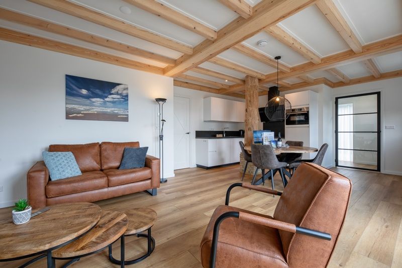 Cozy living room of Apartment C, Texel, with wooden beams and modern furnishings.