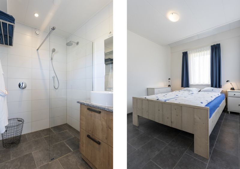 Bathroom and bedroom of Duunkruud in South Eierland, Texel, with modern furnishings.
