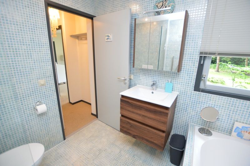 Stilvolles Badezimmer im Ferienhaus 't Hoogelandt 202 - Aan Zee, Texel, mit modernen Annehmlichkeiten und Mosaikfliesen.