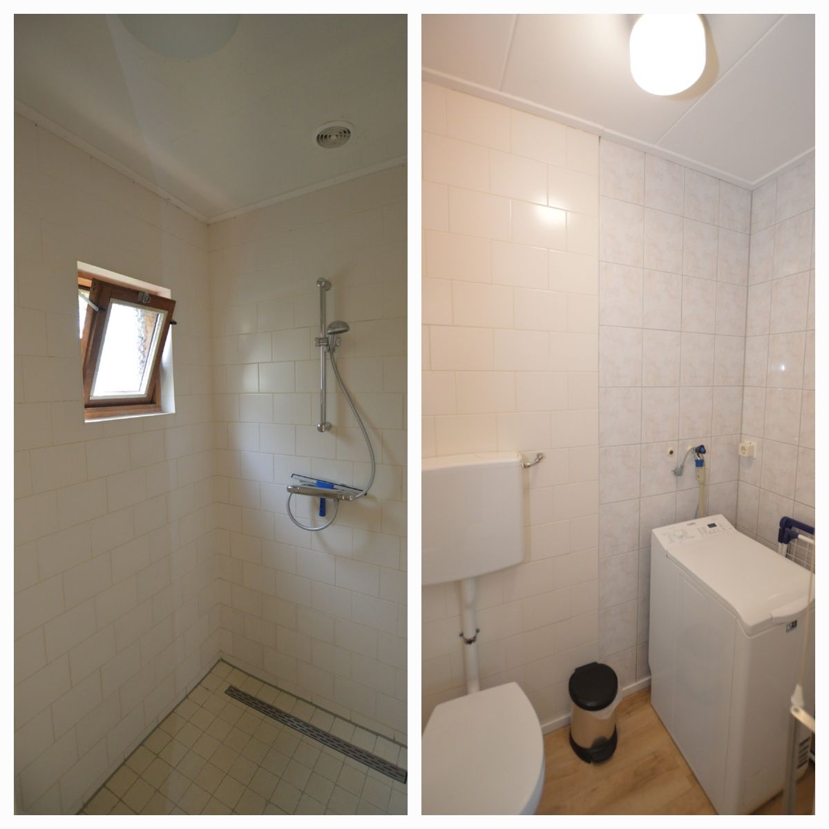 Badkamer en wasruimte in Vakantiehuis De Nagtegaal 19, De Dennen Texel met douche en wasmachine.