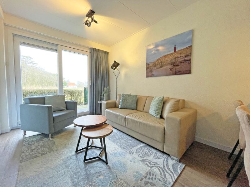 Helle Sitzecke im Appartement Bos en Duin 14, De Dennen, Texel, ideal fuer entspannende Momente mit Blick auf den Garten.