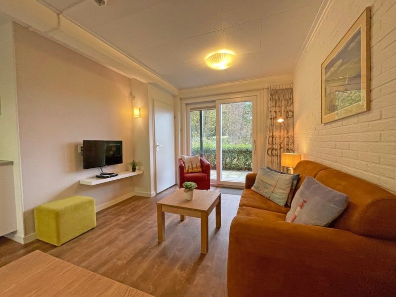 Stijlvolle woonkamer in Appartement Bos en Duin 15, De Dennen, Texel met toegang tot een priveterras.