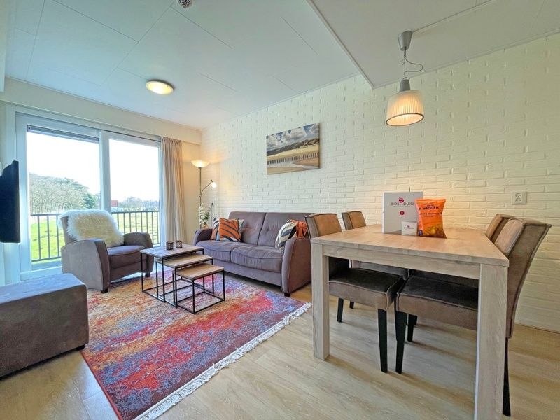 Geraeumige Sitzecke im Apartment Bos en Duin 31, De Dennen, Texel mit moderner Einrichtung und natuerlichem Licht.
