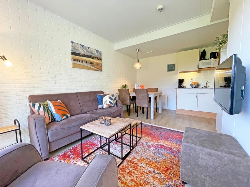 Offenes Wohnzimmer und Kueche im Appartement Bos en Duin 31, De Dennen, Texel mit stilvollen Moebeln und buntem Teppich.