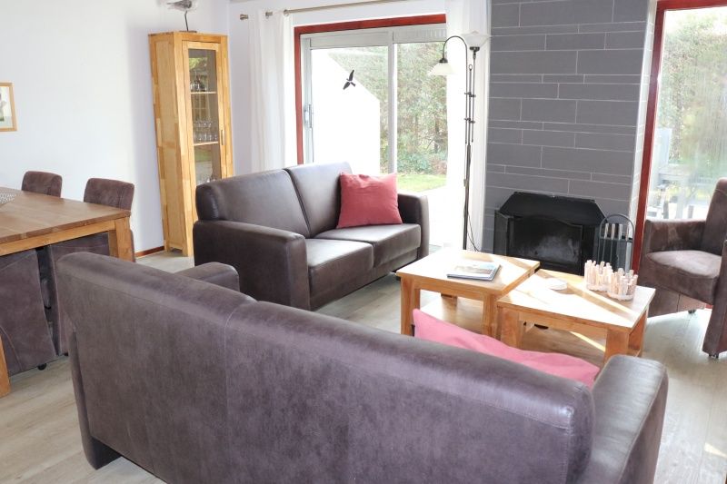 Stilvolles Wohnzimmer des Ferienhauses Gortersmient 252, De Dennen, Texel, mit bequemen Sofas und Kamin.