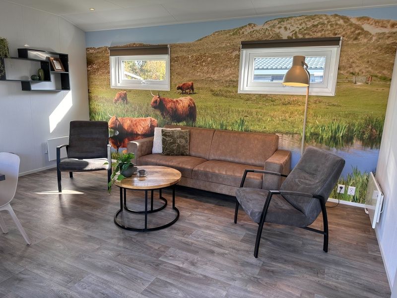 Gemuetliches Wohnzimmer im Ferienpark De Bremakker - Bosveld 128, De Dennen, Texel, mit komfortabler Sitzecke und naturbezogener Inneneinrichtung.