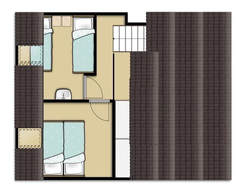 Grundriss Obergeschoss Ferienhaus Gortersmient 282, De Dennen, Texel mit Schlafzimmer und Badezimmer.