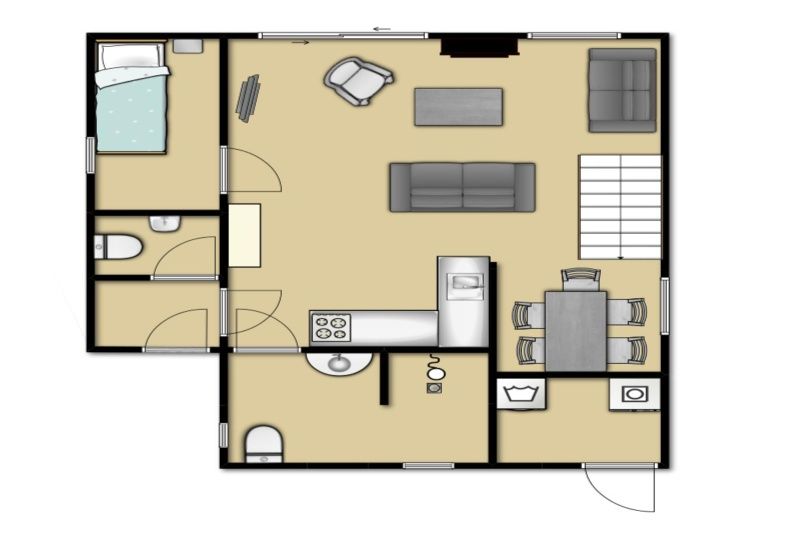 Plattegrond begane grond Vakantiehuis Gortersmient 210, De Dennen, Texel met keuken en woonkamer.