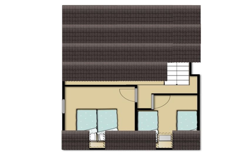 Plattegrond bovenverdieping Vakantiehuis Gortersmient 210, De Dennen, Texel met slaapkamers.