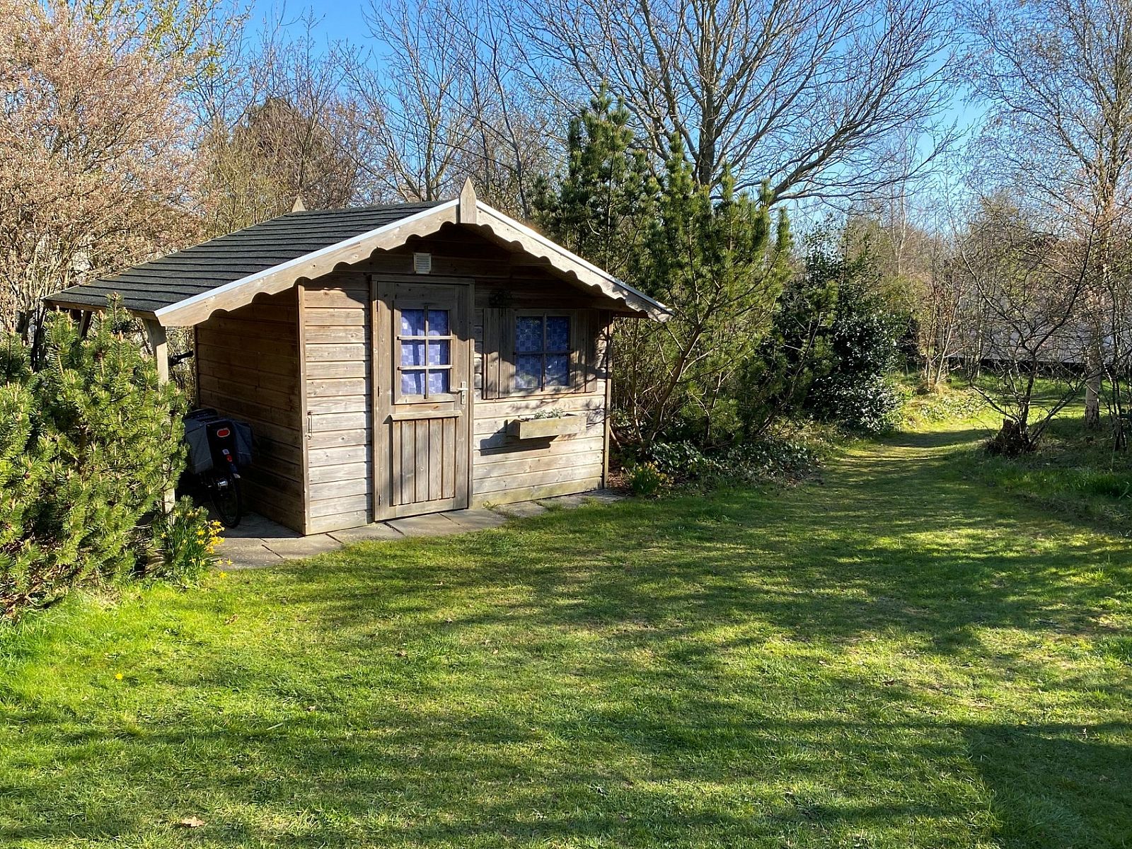 Rustiek houten terras bij Vakantiepark De Bremakker in De Dennen Texel, omgeven door weelderige natuur.