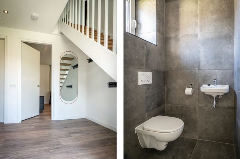 Entree en toilet in Vakantiepark De Koorn-aar Villa, De Dennen Texel, met moderne afwerking.