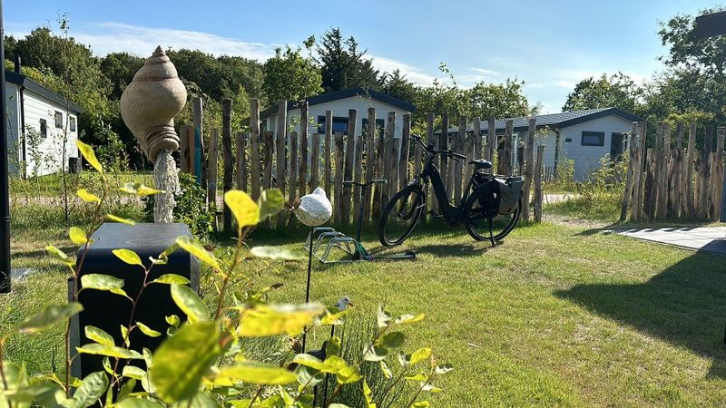 Gruener Garten mit Fahrrad im Chalet Wulk auf Vakantiepark de Bremakker, umgeben von Natur in De Dennen, Texel.