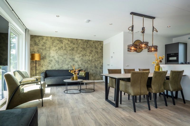 Stijlvolle woonkamer in Vakantiepark De Koorn-aar villa, De Dennen, Texel, met comfortabele zitplaatsen.