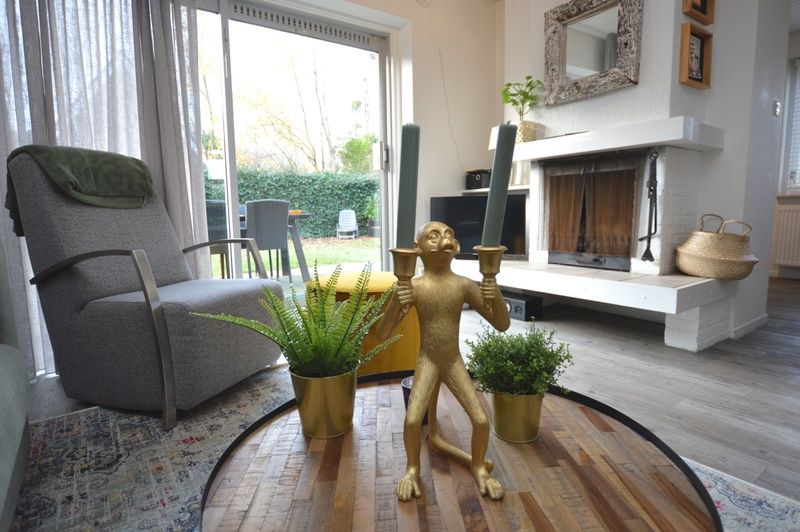 Modern living room of Gerritslanderdijkje 146 - Salty Dog, De Dennen, Texel with fireplace and garden view.