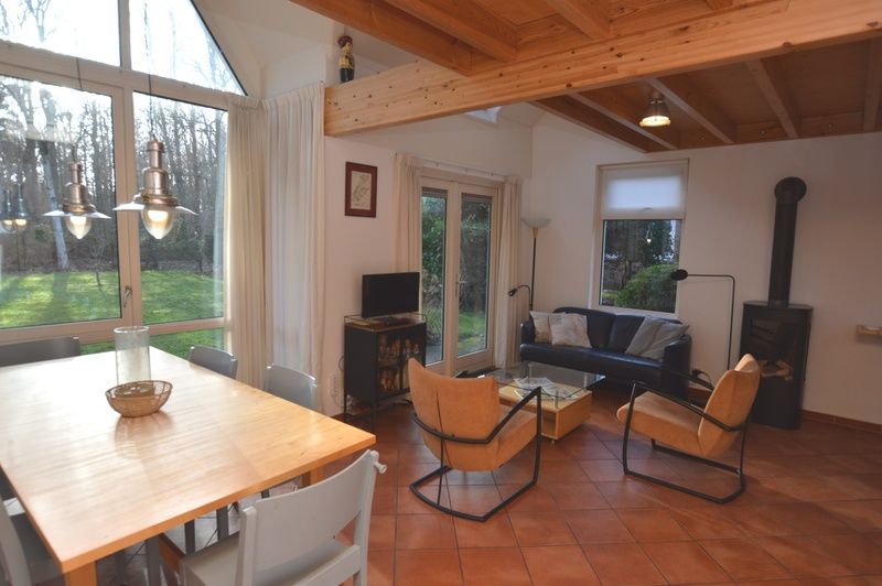 Gemuetliches Wohnzimmer des Ferienhauses Monnikenweg 11 in De Dennen, Texel mit Holzofen.