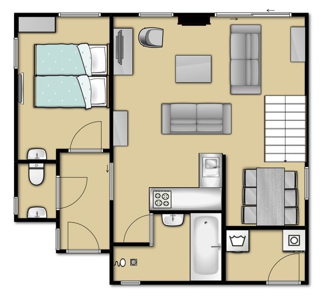 Grundriss des Ferienhauses Gortersmient 326, Texel, mit grossem Wohn- und Essbereich.