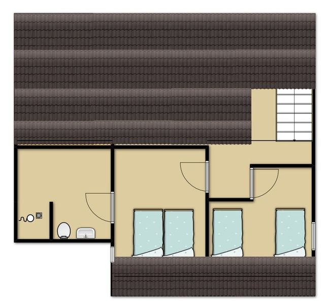 Grundriss des Obergeschosses des Ferienhauses Gortersmient 326, De Dennen, Texel mit mehreren Schlafzimmern.