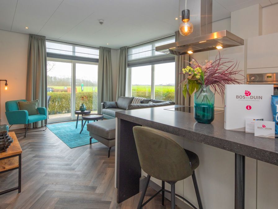 Geraeumiges Wohnzimmer im Apartment Bos en Duin 01, De Dennen, Texel mit Blick auf die Natur.