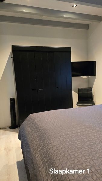 Helianthus Ferienhaus De Dennen Texel mit Schlafzimmer, ausgestattet mit Kleiderschrank und Flachbildfernseher.