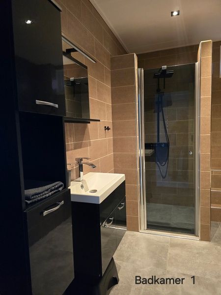 Badezimmer im Helianthus-Ferienhaus De Dennen Texel mit geraeumiger Dusche und modernem Waschbecken.