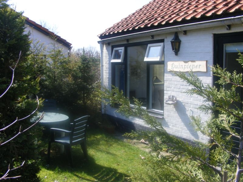 Gemuetliche Terrasse im Ferienhaus Duinpieper in De Dennen, Texel, umgeben von Natur.