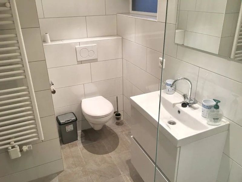 Modernes Badezimmer mit Toilette und Waschbecken im Ferienhaus Bollenveld - de Iris, De Dennen, Texel.