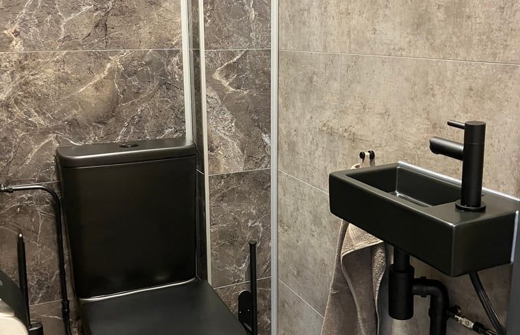 Stijlvolle badkamer met zwart sanitair in Huisje in Oosterend, Terschelling, Waddeneilanden.