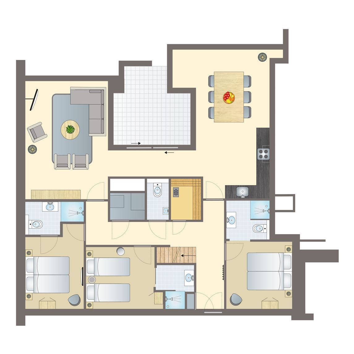 Cozy living room in 6-person penthouse 6LP in West-Terschelling, Wadden Islands with modern interior and beautiful view.