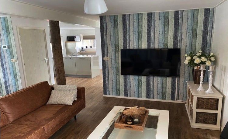 Modernes Wohnzimmer im Ferienhaus Lodge 't Pandje, Ballum, Ameland mit Flachbildfernseher und stilvoller Einrichtung.