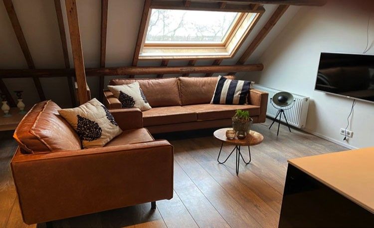 Gemuetliche Sitzecke in der Wohnung Petit, Ballum, Ameland mit bequemen Sofas und Oberlicht fuer viel Tageslicht.