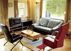 Gezellige woonkamer van De Ouwe Pol bungalow in Buren, Ameland, met comfortabele meubels en uitzicht op de natuur.