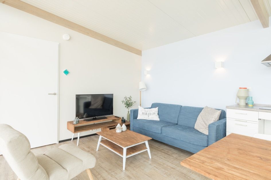 Gezellige woonkamer in Wadden Special vakantiehuis in Hollum, Ameland met moderne inrichting en comfortabele zithoek.
