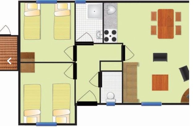 Grundriss des FINSE BUNGALOW 4 in Hollum, Ameland, Uebersicht ueber Grundriss und Raeume des Ferienhauses.