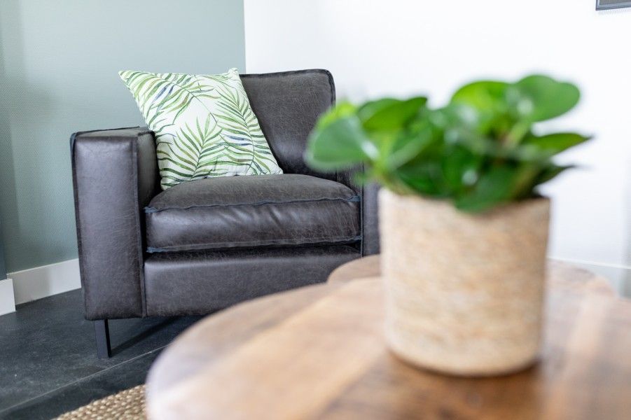 Knusse zithoek in De Deel, appartement in Hollum, Ameland, met groene kussens en een rustgevende sfeer.