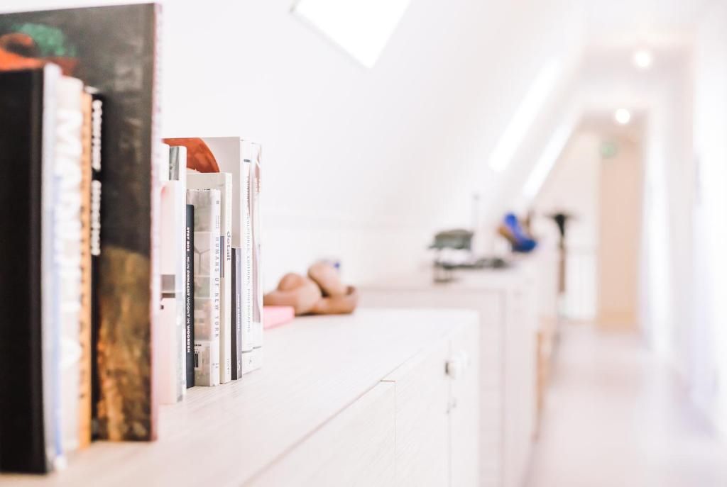 Buecher im Flur des Logement Zee van Tijd, Nes, Ameland zur Entspannung.