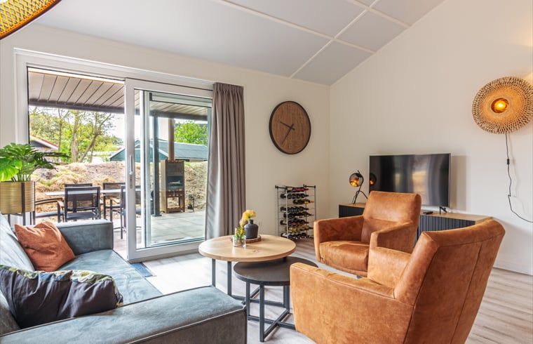 Gemuetliches Wohnzimmer im Ferienhaus in Nes, Ameland, mit Blick auf die Terrasse und die natuerliche Umgebung.