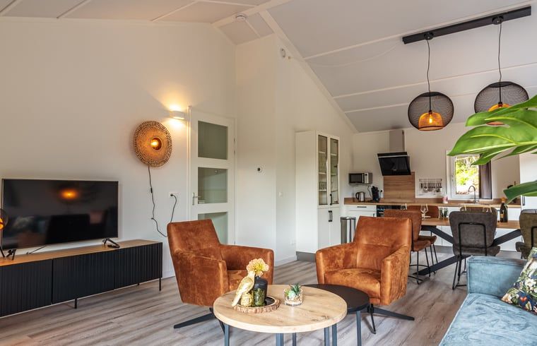 Offenes Wohnzimmer und Kueche im Ferienhaus in Nes, Ameland, fuer eine gemuetliche Atmosphaere auf den Watteninseln.