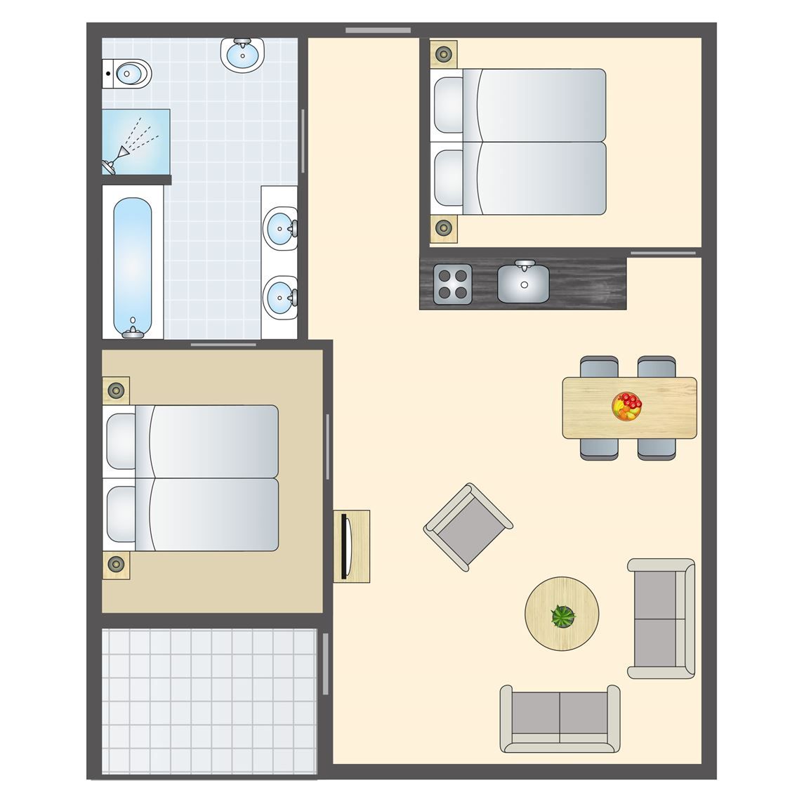 Cozy living room of Ameland State 4-person apartment in Nes, Ameland overlooking nature.