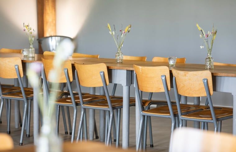 Lange houten tafel in Vakantiehuisje in Piaam, gedecoreerd met bloemen, perfect voor groepsmaaltijden aan het IJsselmeer.