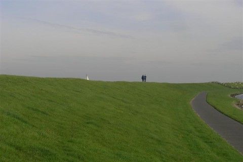 Green dike walk near Recreation Company 'on the water' in Heeg, Frisian lakes.