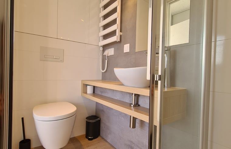 Moderne badkamer van Huisje in Oudega, vakantiehuis in Heegermeer met stijlvolle inrichting.