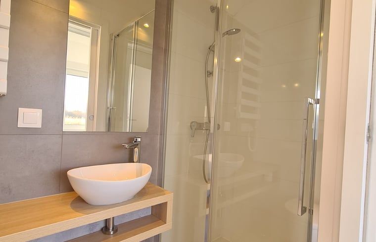 Douche en wastafel in Huisje in Oudega, vakantiehuis in Friese meren met moderne badkamer.