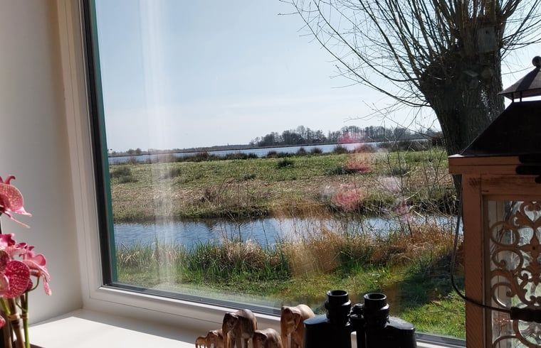 Stijlvolle zithoek in Vakantiehuisje in Oudega, gelegen aan het Heegermeer in de Friese meren, met prachtig uitzicht.