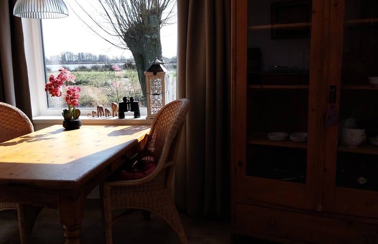 Eethoek met uitzicht in Vakantiehuisje in Oudega, gelegen aan het Heegermeer in de Friese meren, perfect voor maaltijden.