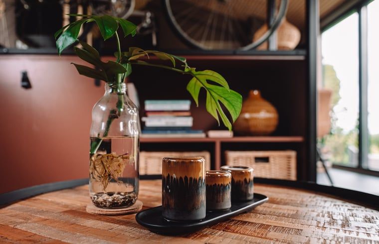 Gemuetliches Wohnzimmer im Ferienhaus in Koudum mit dekorativen Kerzen und Pflanzen.
