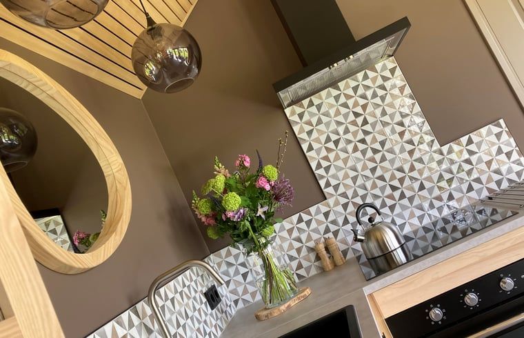 Moderne Kueche im Ferienhaus in Koudum mit stilvollen Fliesen und frischen Blumen.